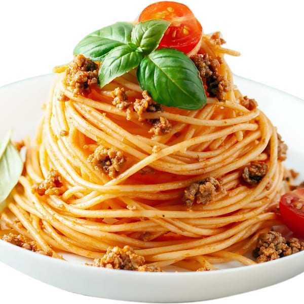 Spaghetti bolognese with ground meat, fresh basil leaves, and sliced cherry tomatoes on a white plate.
